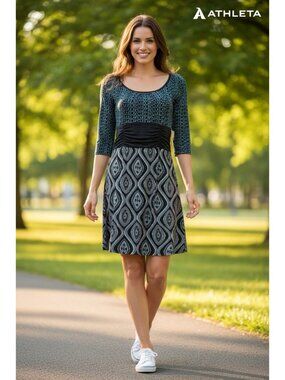 Athleta Turquoise & Black Patterned Dress With Elbow Sleeves Stretchy Waistband